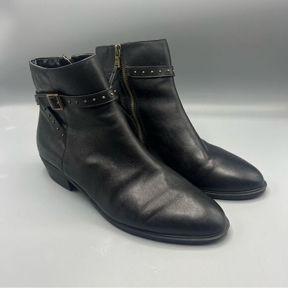 Lauren Ralph Lauren Shaw Black Leather Studded Buckle Heeled Ankle Booties - Picture 2 of 9